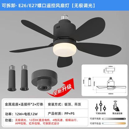 E26/E27 Socket LED Fan Light with Remote & APP 52.5cm 4 Speed Socket Ceiling Fans with Lighting Light Bulb Fan for Bedroom Home