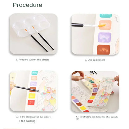 12 pages New Children's Watercolor Coloring Book,Student Coloring And Drawing Book, With Built-in Watercolor Paint Pens