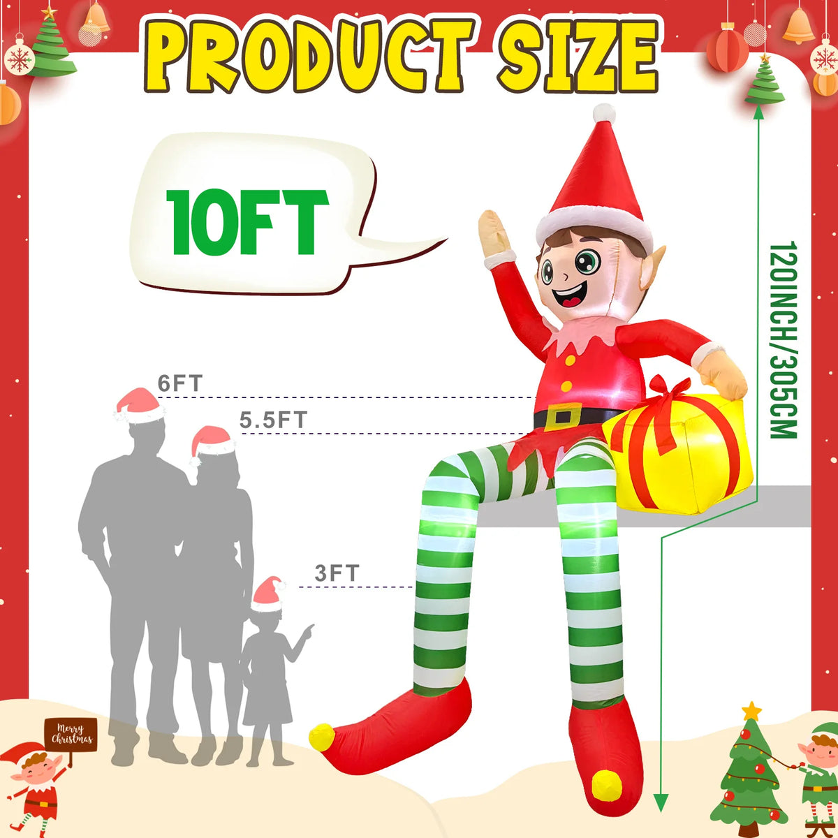 10FT Inflatable Christmas Decorations Red Sitting Elf Outdoor Yard Decorations Christmas Festival Inflatable Ornaments