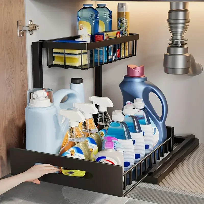 2 Tier Sliding Under Sink Storage Rack Rustproof Metal Iron Pull Out Basket Organizer for Kitchen Bathroom Cabinet Home Storage