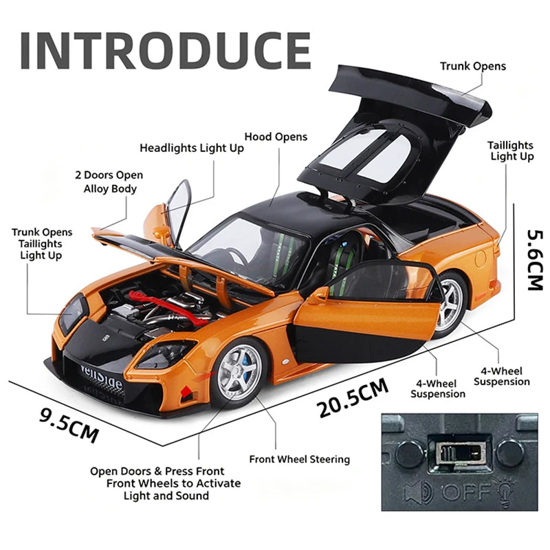 1/24 JDM RX-7 Street Version Die-Cast Model Car with Sound And Light Pull-Back Feature Miniature Ornament Vehicle Collection Toy