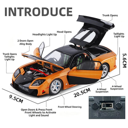 1/24 JDM RX-7 Street Version Die-Cast Model Car with Sound And Light Pull-Back Feature Miniature Ornament Vehicle Collection Toy
