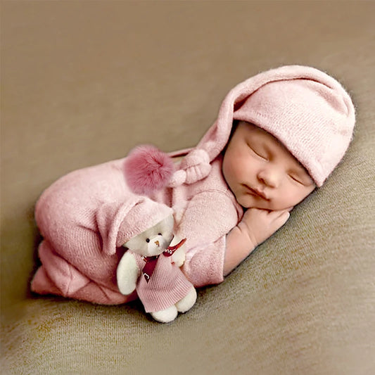 Ylsteed 3 Pieces Set Newborn Jumpsuit Tail Pom Hat Set with Mini Doll Pink Baby Photography Outfit New born Girl Photo Props