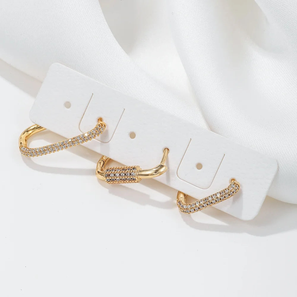 14K Gold-Plated Rectangular Zircon Earrings for Women Fashion High-Quality Geometric Three-Piece Earring Set Jewelry Accessories