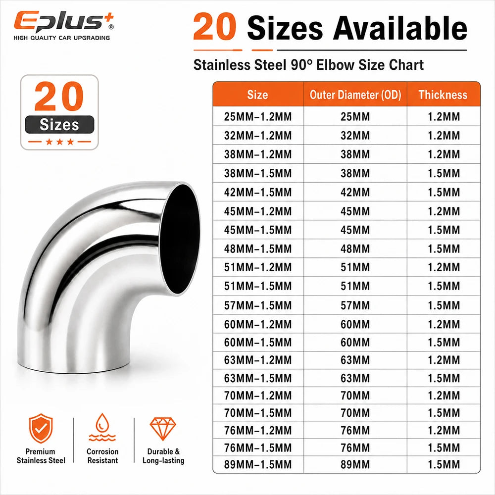 1PCS Universal Stainless Steel 90 Degree Elbow Pipe Polished Weld‑On Pipe Fitting Bend Tube for Car Exhaust Muffler Replacement