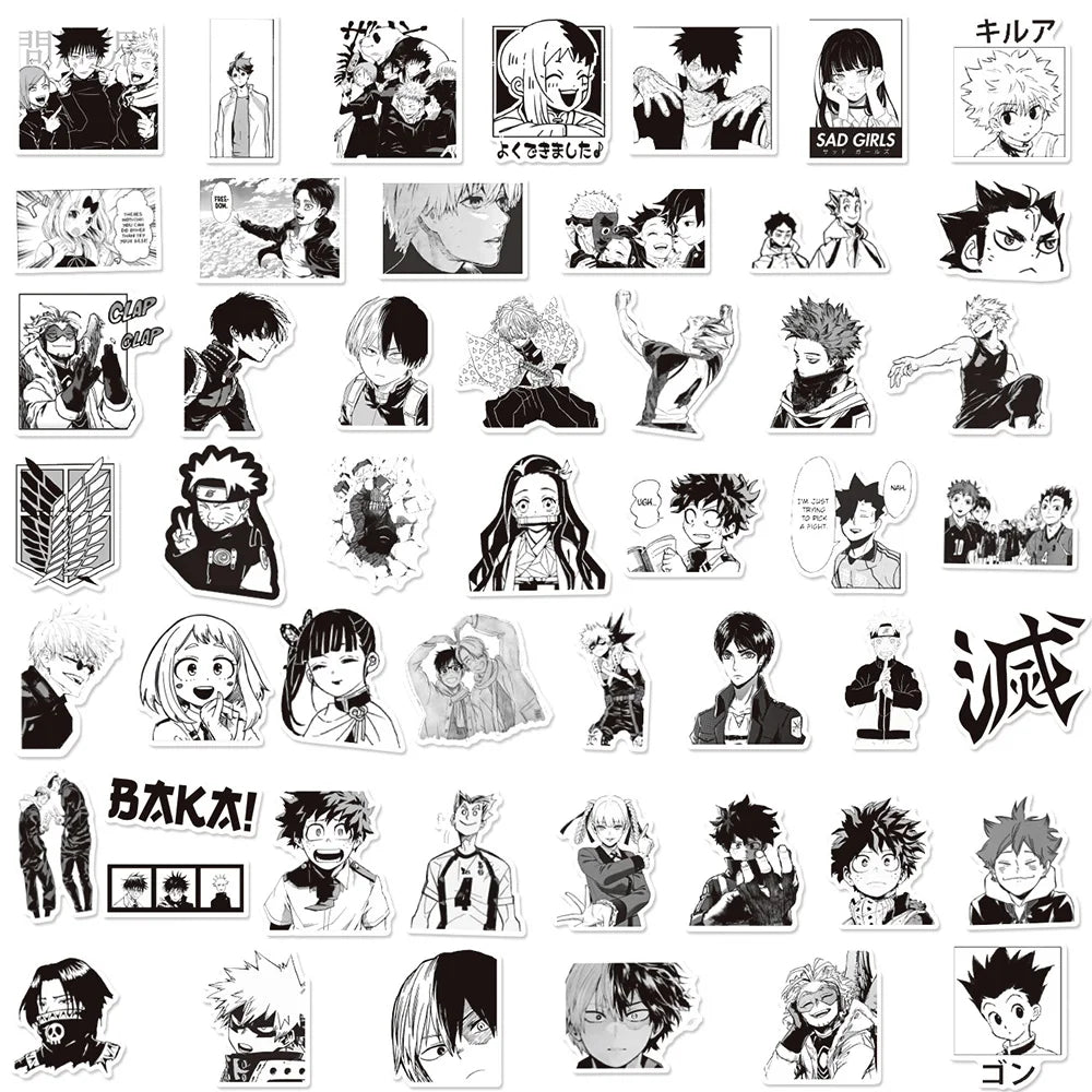 10/30/50/100PCS Mix Black White Anime Stickers Decoration Suitcase Scrapbooking Laptop Phone Stationery Cool Manga Sticker Toys