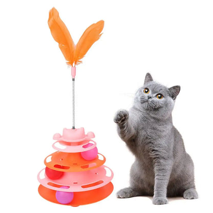 Cute 4 Layer Cat Track Toy Interactive Roller Turntable Ball With Moving Feather Wand For Kitten Fun Pet Accessories