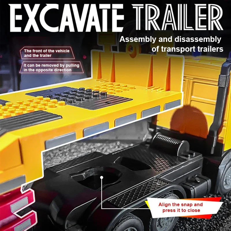 1/12 Rc Flat Truck with Excavator 11Ch Alloy Engineer Vehicle 2.4G Remote Control Car Radio Controlled Trailer Toys for Boy