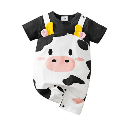 Newborn Baby Unisex Summer Cow Horn Fake Suspender Short Sleeve Spandex Stretch Wrinkle‑Resistant Daily Photo Jumpsuit 0‑18M