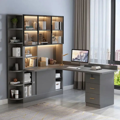 Writing Study Desk Integrated Bookshelf L-Shaped Computer Desk Bookcase Luxury Home Bedroom Office Computer Desk with Drawers