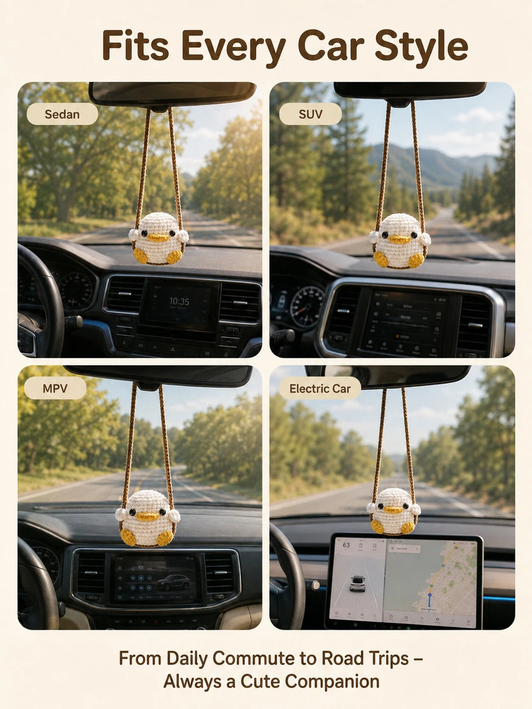 Cute Duck & Frog Car Hanging Ornament, Rearview Mirror Pendant, Kawaii Interior Decoration Gift, Fits Most Vehicles