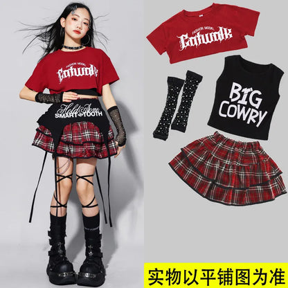 Girls K-pop Fashion Crop Top Bud Skirts Children Hip Hop Street Dance Costume Kids Streetwear Girl Group Jazz Summer Clothes Set