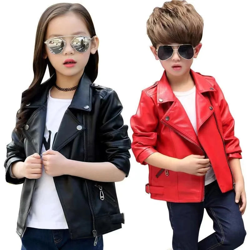 3-12 Years Old Girls Faux Leather Jacket Children PU Coat Long Sleeve Zip Belt Locomotive Jacket Stylish Teen Kids Boys Jackets