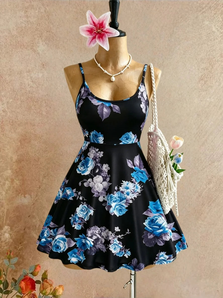 Women Spaghetti Strap U Neck Blue Floral Print High Waist Swing Mini Dress 2026 Summer Y2K Black Background Sleeveless Beach Vac