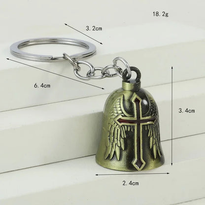 Punk Style Bell Keychain Metal Wing Cross Pendant Vintage Helmet Motorbike Rider Charm Bag Car Key Ring Gift