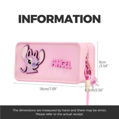 MINISO Disney Stitch Angel Silicone Cosmetic Bag Cute Pink Makeup Organizer Pouch Portable Zipper Toiletry Bag with Wrist Strap