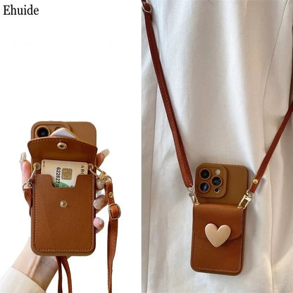 Love Wallet Lanyard Case for iPhone 17 Pro Max 17Air 11 12 13 15 Pro 16 14 Plus Crossbody Strap Fashion Leather Cute Bag Cover