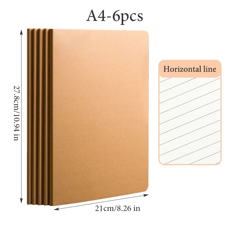 6 pcs A4 Kraft Paper Notebook,36 Sheets 72 Pages/Book Horizontal Line Blank Grid Inner Page Student Learning Testbook QP-66