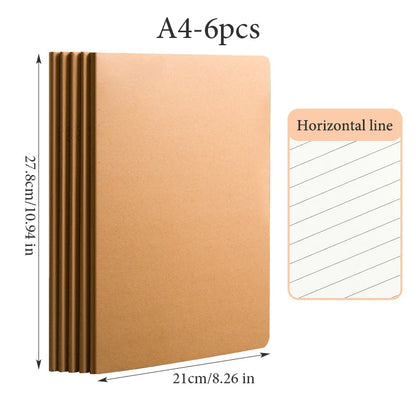 6 pcs A4 Kraft Paper Notebook,36 Sheets 72 Pages/Book Horizontal Line Blank Grid Inner Page Student Learning Testbook QP-66