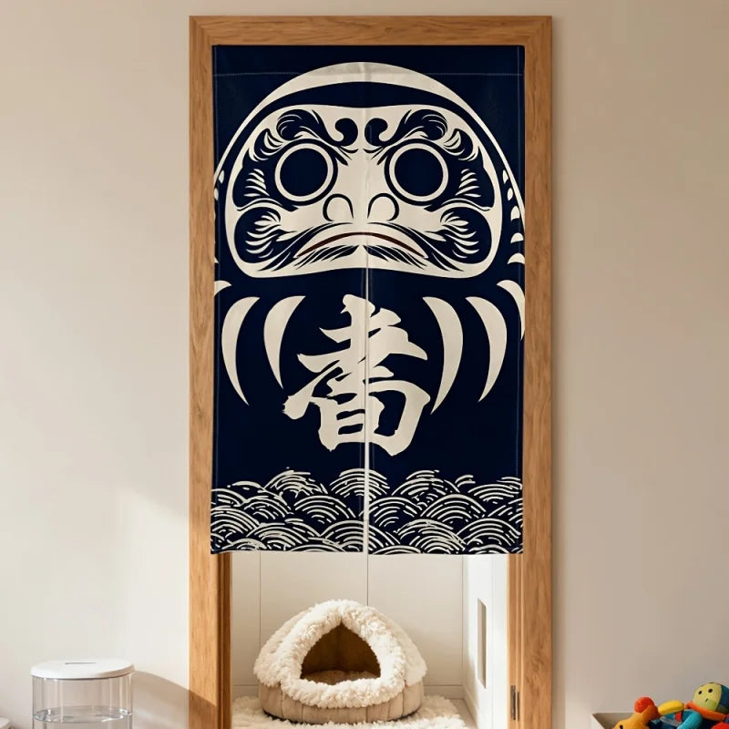 VIKAMA Traditional Japanese Daruma Noren Door Curtain, Navy Blue Daruma Print Room Divider For Restaurant & Home