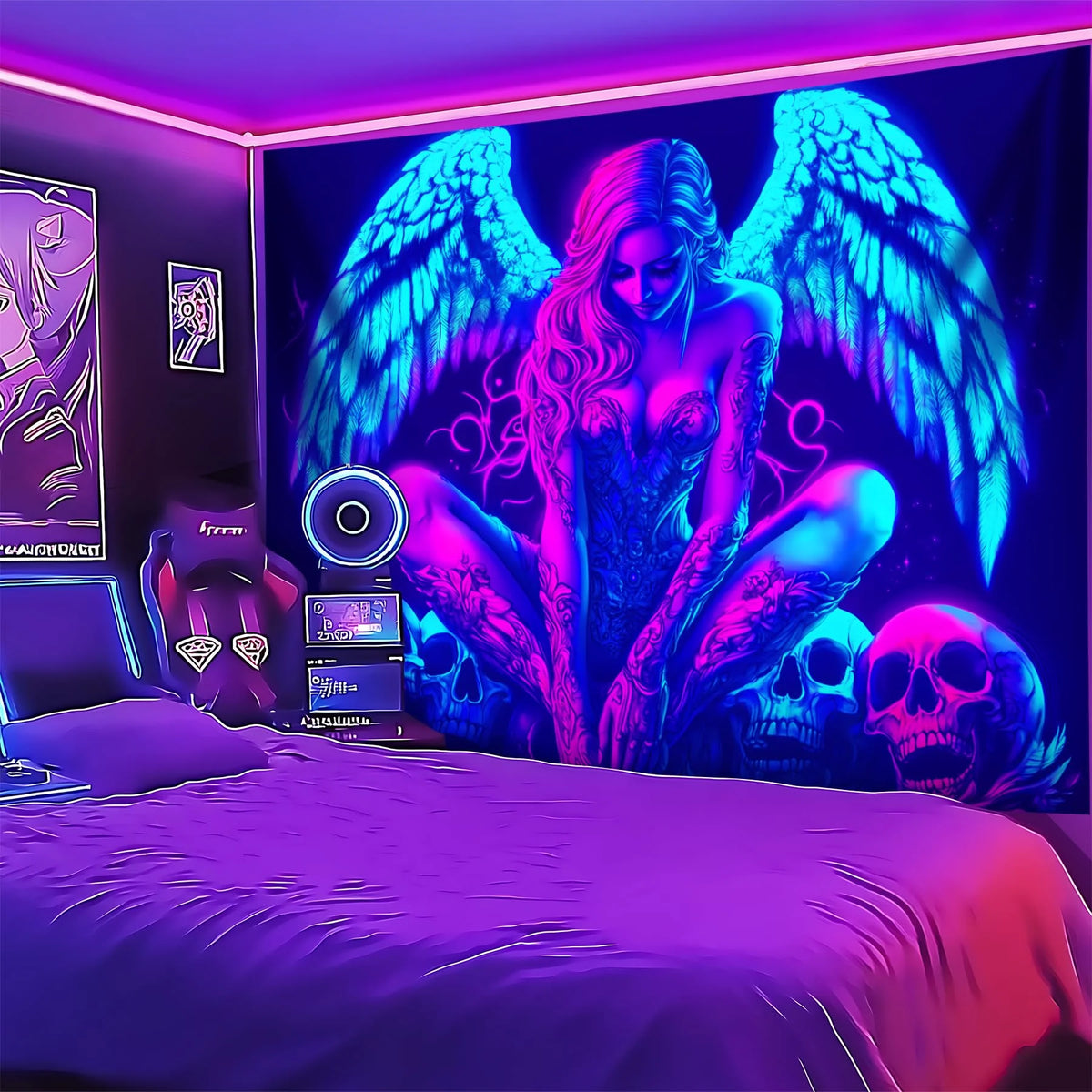 VIKAMA Cyberpunk Angel Skull Tapestry Psychedelic Art Bedroom Gaming Room Bar Hanging Cloth Home Decor