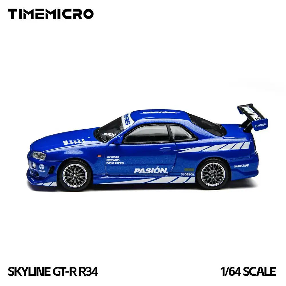 TimeMicro1:64 Skyline GT-R R34 Simulation Alloy Vehicle Model Passion Blue Diecast Car For Collection Display Gift