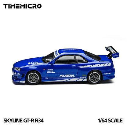TimeMicro1:64 Skyline GT-R R34 Simulation Alloy Vehicle Model Passion Blue Diecast Car For Collection Display Gift