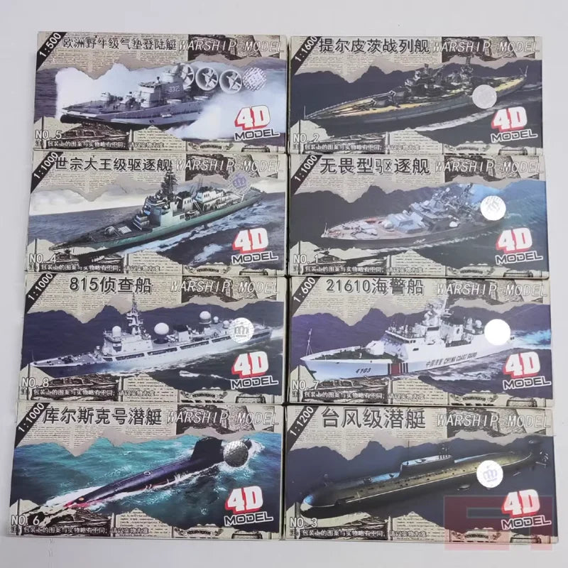 4D Assembled Warship Model 8-piece Set Dreadnought Destroyer Typhoon Class Submarine Hovercraft Toy Boat
