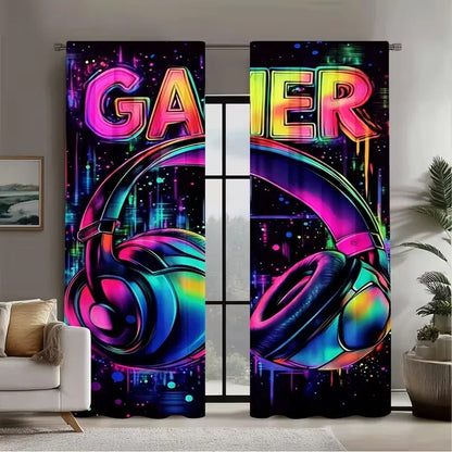 2PC Neon Gamer Headset Graffiti Sheer Curtains - Gaming Themed Print Window Drapes for Man Cave Bedroom Decor