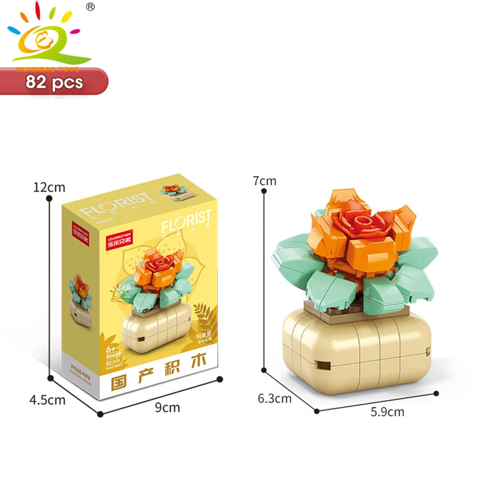 HUIQIBAO MOC Flower Succulent Potted Model Building Block DIY Eternal Bouquet Home Desk Plant Decor Brick Girl Gift Children Toy