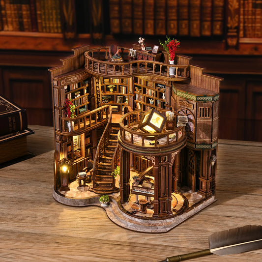 OUZEY Retro Dreamy Book Hall 3D Wooden House Figurines Miniatures Kits DIY Creative Handmade Bookshelf Insert Model House Gifts