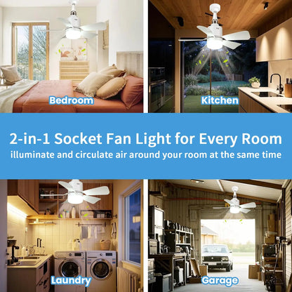 E26/E27 Socket LED Fan Light with Remote & APP 52.5cm 4 Speed Socket Ceiling Fans with Lighting Light Bulb Fan for Bedroom Home