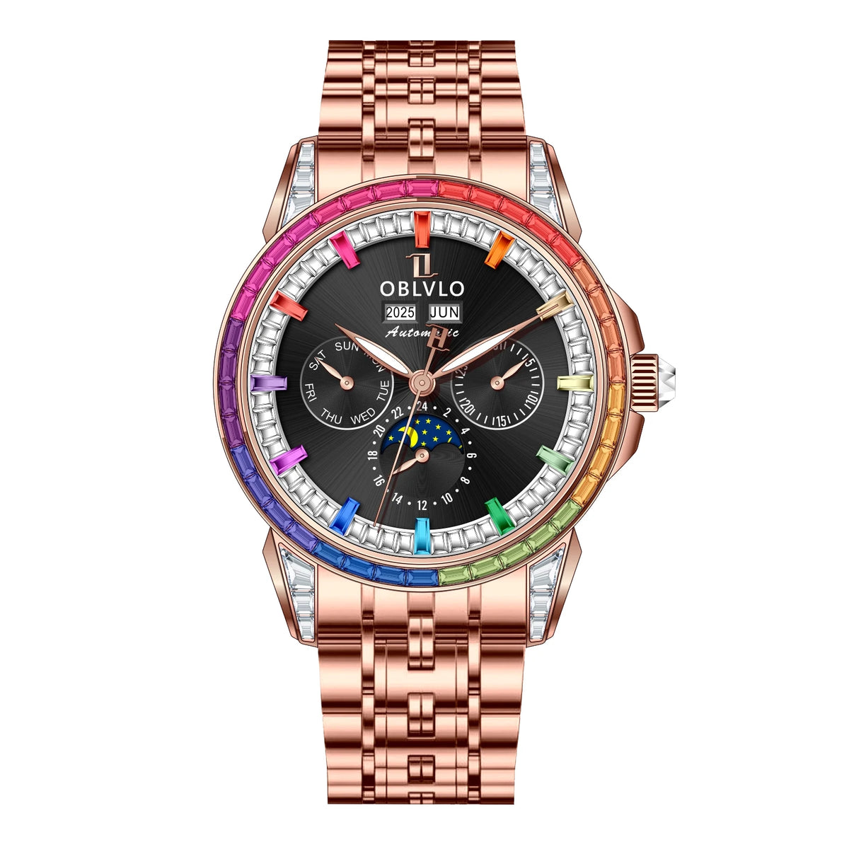 OBLVLO Men's Multifunctional Mechanical Watch with Colorful Zircon Moonphase Elegant Rose Gold Bracelet Band GCM-MUT