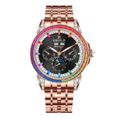 OBLVLO Men's Fashion Automatic Watch Colorful Zircon Moonphase Mechanical Multifunctional Black Leather Strap Timepiece GCM-MUT
