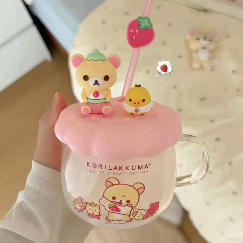Rilakkuma Glass Water Cup With Lid Straw High Temperature Resistant Cute Cartoon Drinking Mug For Office Home Daily Use