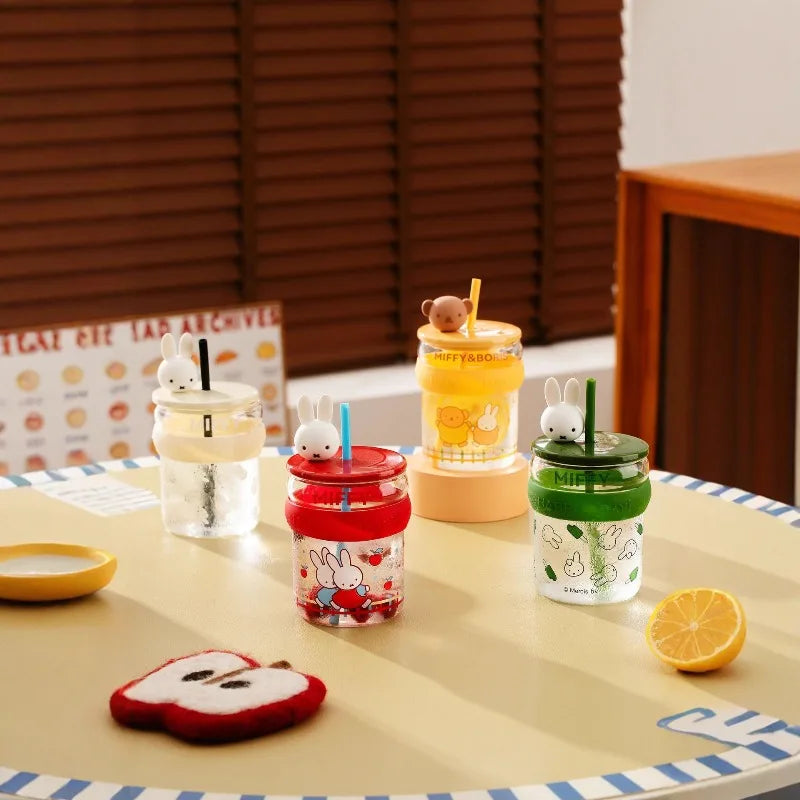 Miffy Anime Cartoon Rabbit Kawaii Glass Cup 450ml Breakfast Milk Juice Cups Cartoon Exquisite Fashion Student Drinking Cups Gift