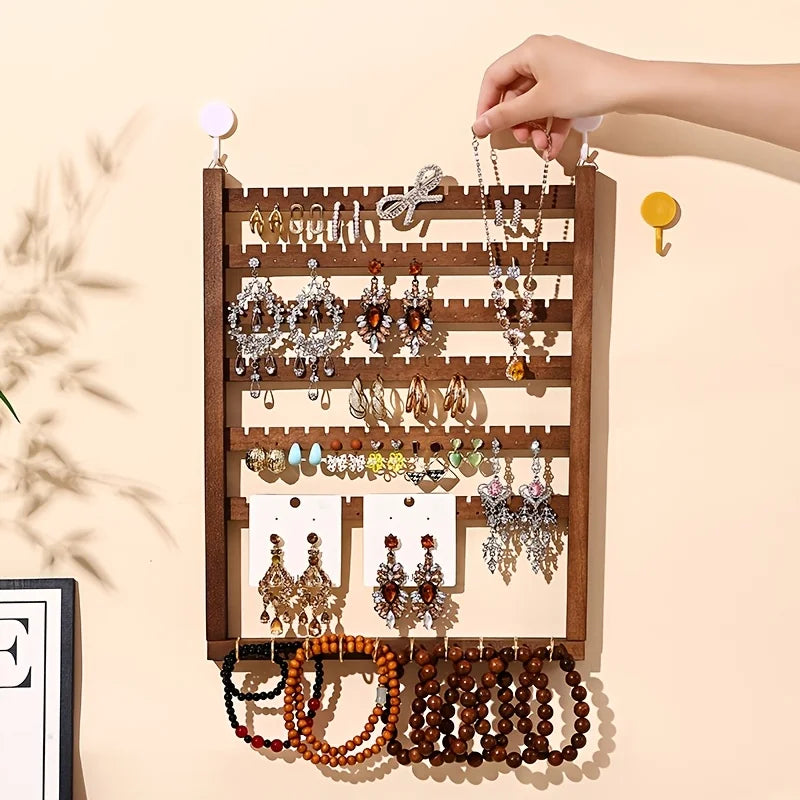 Multi-function Wooden Wall Hanging Rack, Jewelry Display Storage Holder & Key Hook for Home Entryway