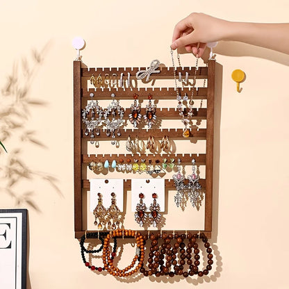 Multi-function Wooden Wall Hanging Rack, Jewelry Display Storage Holder & Key Hook for Home Entryway