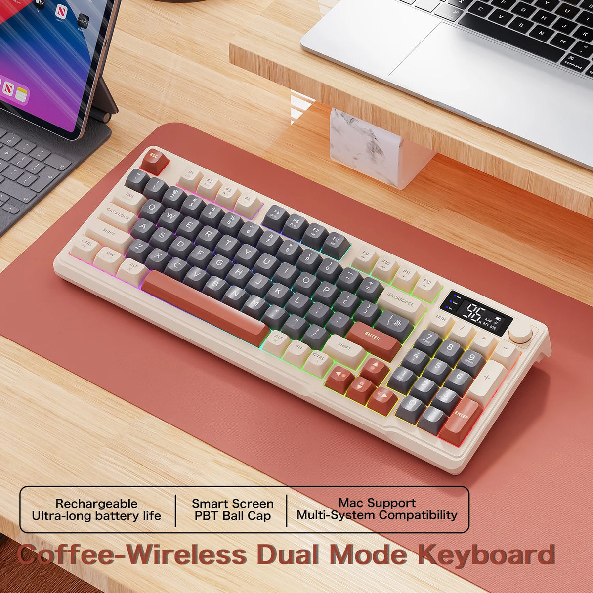 FREEWOLF M96 Wireless Dual Mode Gaming Keyboard with Smart Screen, 96-Key PBT RGB Backlight, Bluetooth, Media Knob, Ergonomics