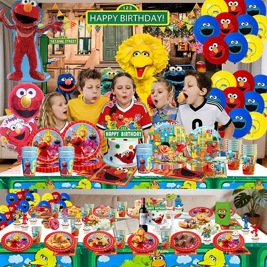 Birthday Party Decoration Set Supplies Cartoon Sesame Streets Birthday Party Supplies Tableware Balloon Cake Topper Banner Plate
