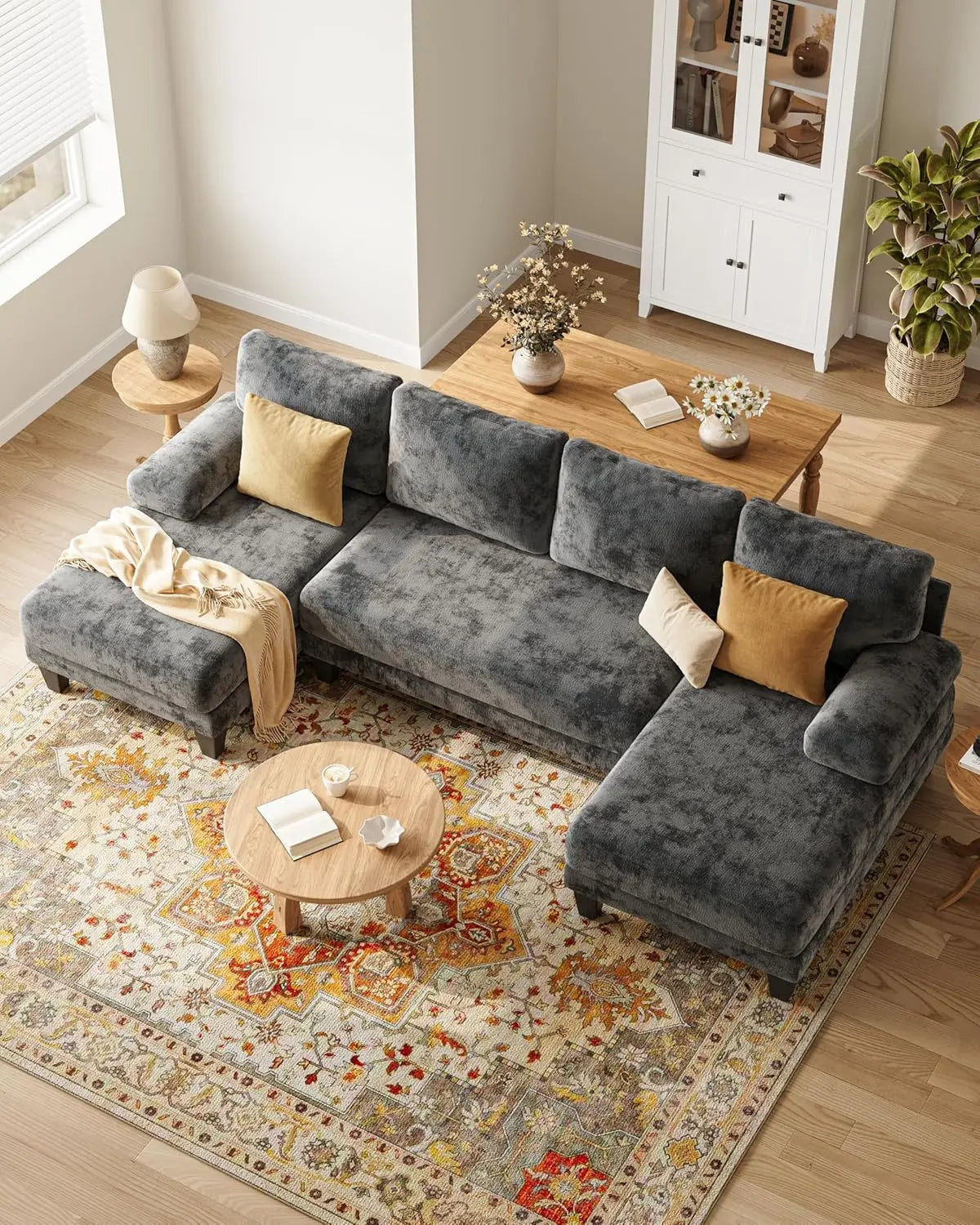 U-Shaped Sectional Couches for Living Room | Chenille Sofa with Double Chaise | 112 Inch Dark Grey Sectionals Couch, Customized