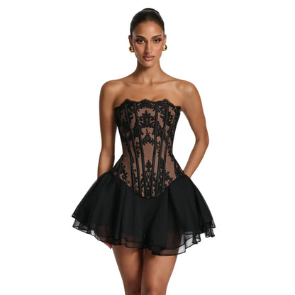Mingmingxi Summer Sexy 2 Pieces Set Black Strapless Corset Dress Lace Up Top and Fluffy Mini Skirt Set Casual Club Party Dress