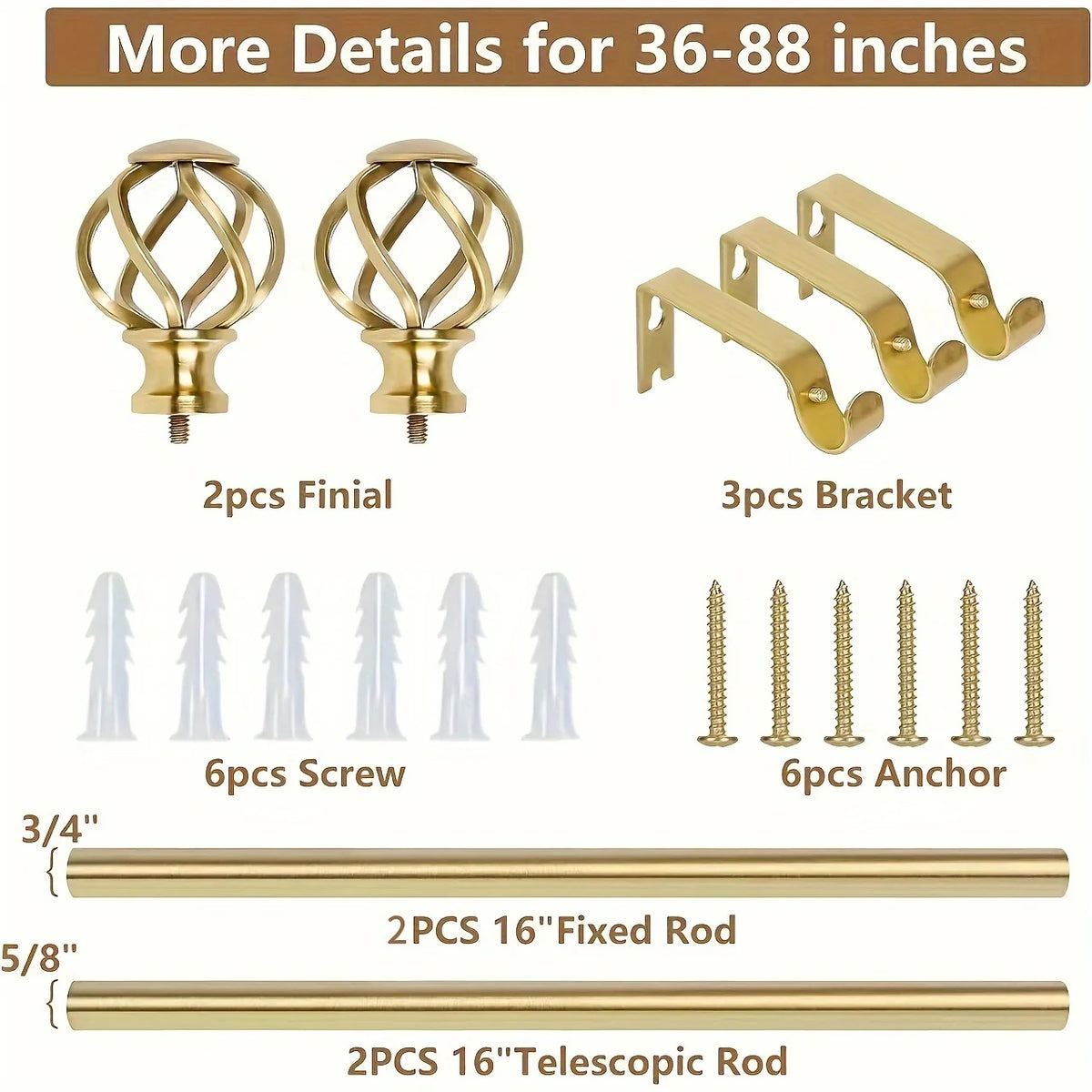 1PC Gold Curtain Rod with Twisted Cage Finials, 3/4" Adjustable Heavy Duty Window Treatment Rods for Living Room, Bedroom