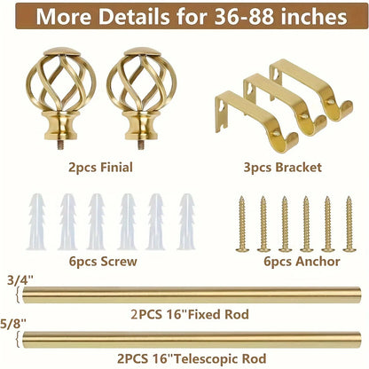 1PC Gold Curtain Rod with Twisted Cage Finials, 3/4" Adjustable Heavy Duty Window Treatment Rods for Living Room, Bedroom