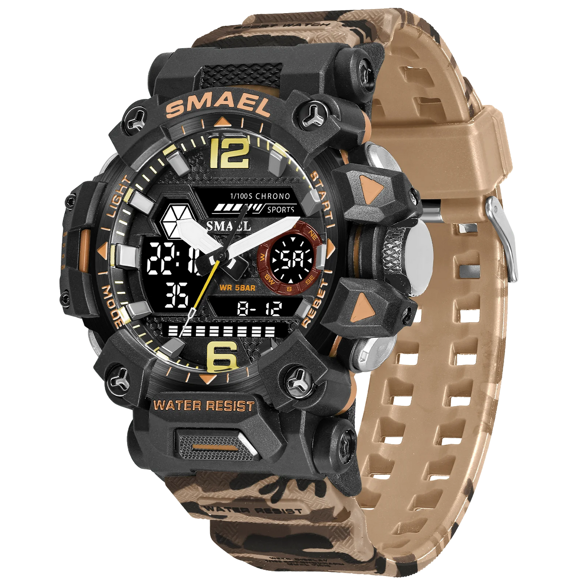 SMAEL 8072 Men's Analog Digital Dual Display Sport Watch - 50M Waterproof LED Backlight Alarm Stopwatch Chronograph Dual Time Zo