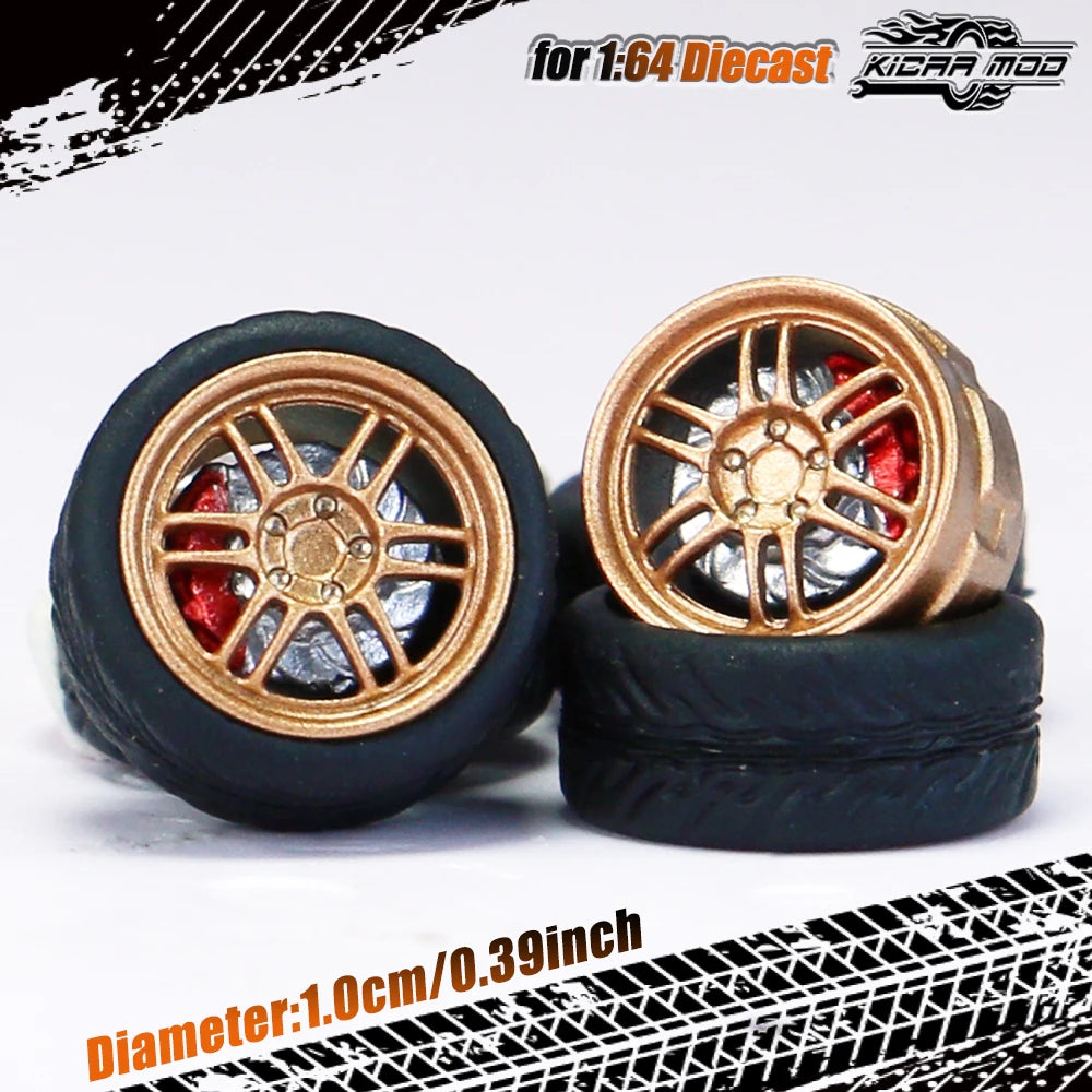 Kicarmod 1/64 Model Car ABS Wheels with Rubber Tire Brake Disc Refitting Parts Diameter 10mm For Model Car Tomica
