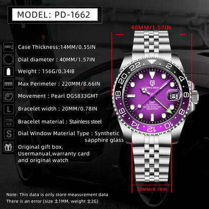 PAGANI DESIGN New Men Watch GMT Mechanical Wristwatch 40mm Automatic Watch Stainless Steel Waterproof Business Watches for Man