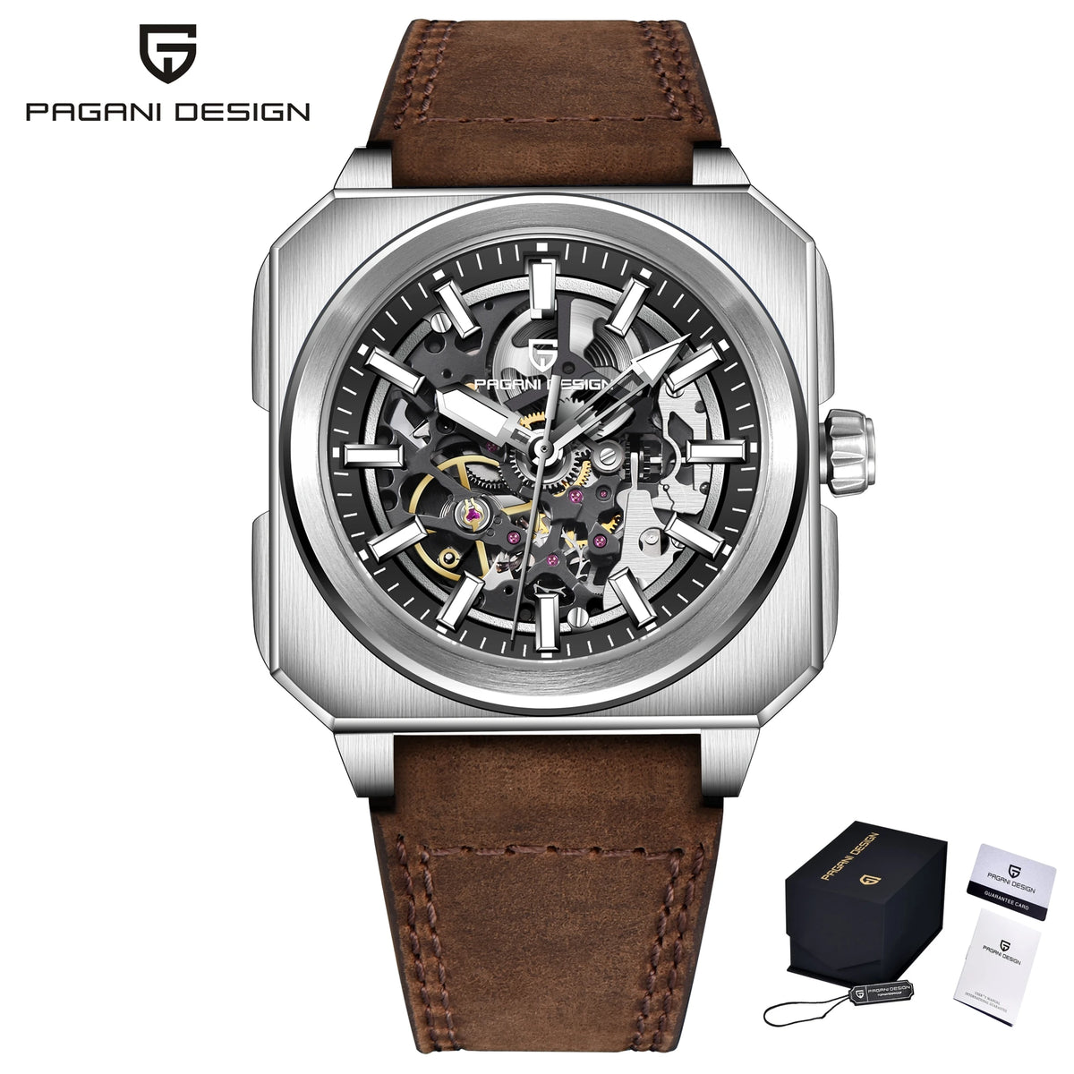 PAGANI DESIGN Sports Square Men's Mechanical Automatic Watch, Waterproof Skeleton Retro Leather Outdoor Sports Luminous Gift Men
