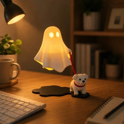 Ghost Walking Puppy Halloween Figurine, Cute White Dog and Ghost Tabletop Decor for Desk, Shelf, Office, Bedroom and Home & Gift