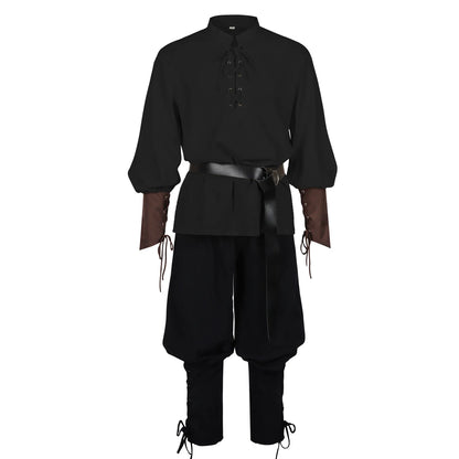 Men's Medieval Pirate Costume Renaissance LARP Shirt with Belt, Retro Gothic Lace-up Top & Pants Set for Halloween Cosplay